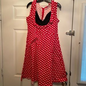 Red and white polka dot dress.